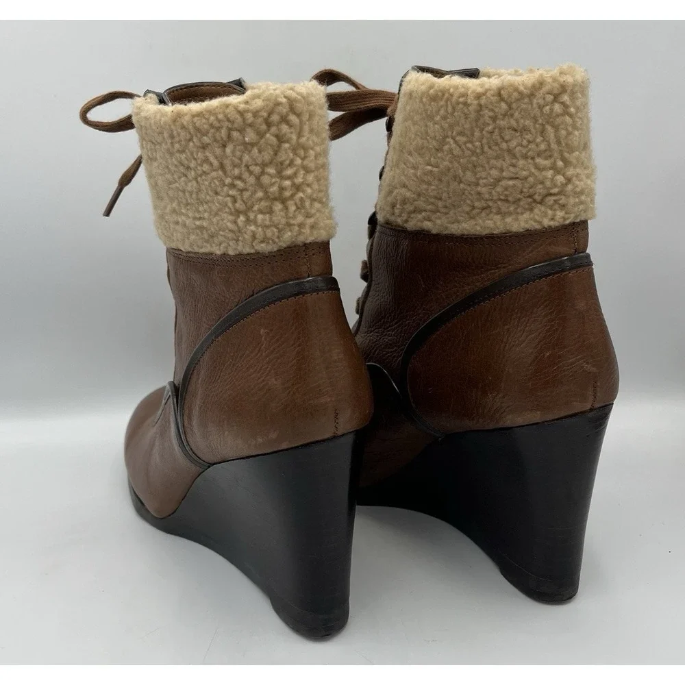 Franco Sarto Ankle Boot‎ Wedge Leather Sherpa Womens 7.5 Brown Lace Up Waverly